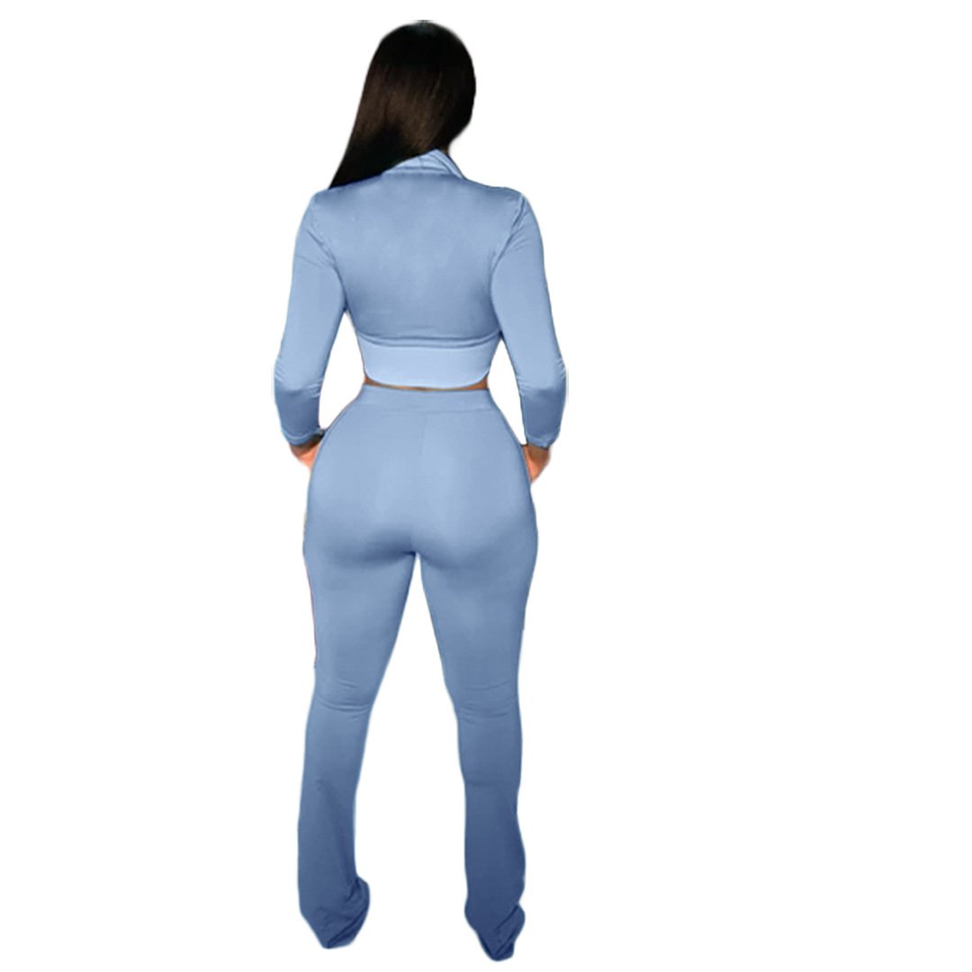 Vrouwen Effen Kleur Tweedelige Set Lange Mouwen Turn-Down Kraag Rits Jas Gestapeld Broek Leggings Jogger Set outfit Voor Vrouwen