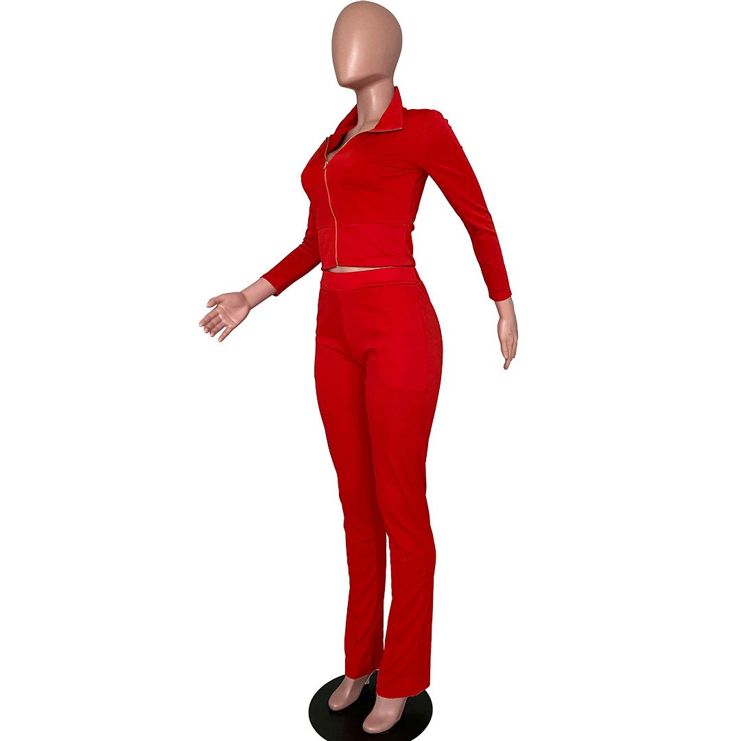 Vrouwen Effen Kleur Tweedelige Set Lange Mouwen Turn-Down Kraag Rits Jas Gestapeld Broek Leggings Jogger Set outfit Voor Vrouwen