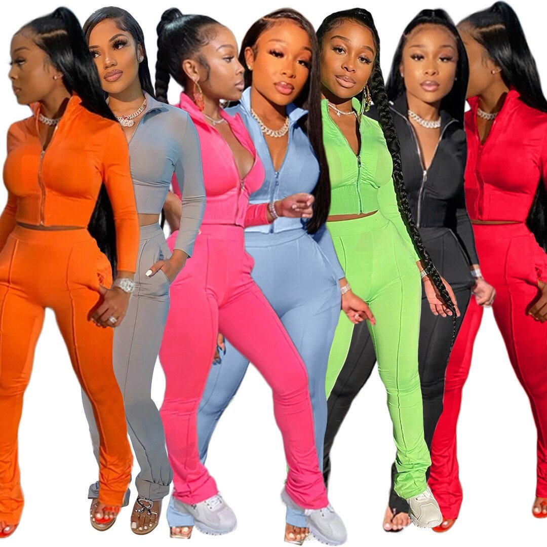 Vrouwen Effen Kleur Tweedelige Set Lange Mouwen Turn-Down Kraag Rits Jas Gestapeld Broek Leggings Jogger Set outfit Voor Vrouwen