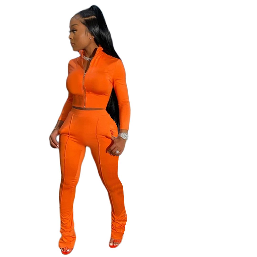 Vrouwen Effen Kleur Tweedelige Set Lange Mouwen Turn-Down Kraag Rits Jas Gestapeld Broek Leggings Jogger Set outfit Voor Vrouwen
