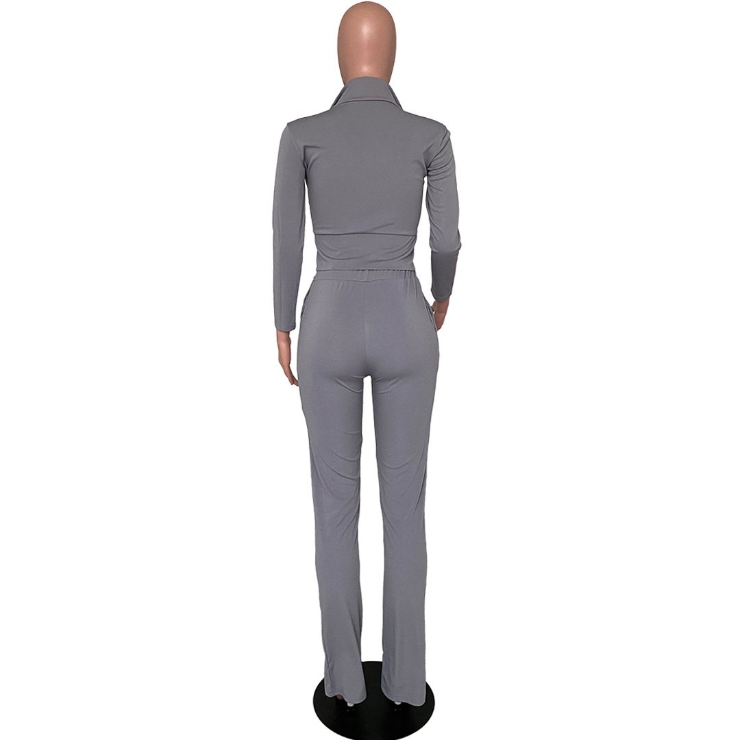 Vrouwen Effen Kleur Tweedelige Set Lange Mouwen Turn-Down Kraag Rits Jas Gestapeld Broek Leggings Jogger Set outfit Voor Vrouwen