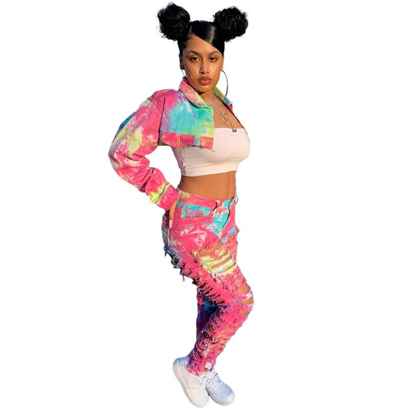 Vrouwen Tweedelige Set Denim Tie Dye Lange Mouwen Mini Jas Hoge Taille Ripped Gestapeld Jeans Gratis Shpping Groothandel Dropshpping nieuwe