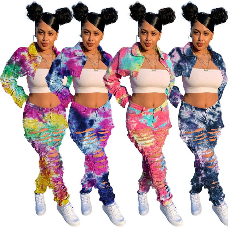Vrouwen Tweedelige Set Denim Tie Dye Lange Mouwen Mini Jas Hoge Taille Ripped Gestapeld Jeans Gratis Shpping Groothandel Dropshpping nieuwe