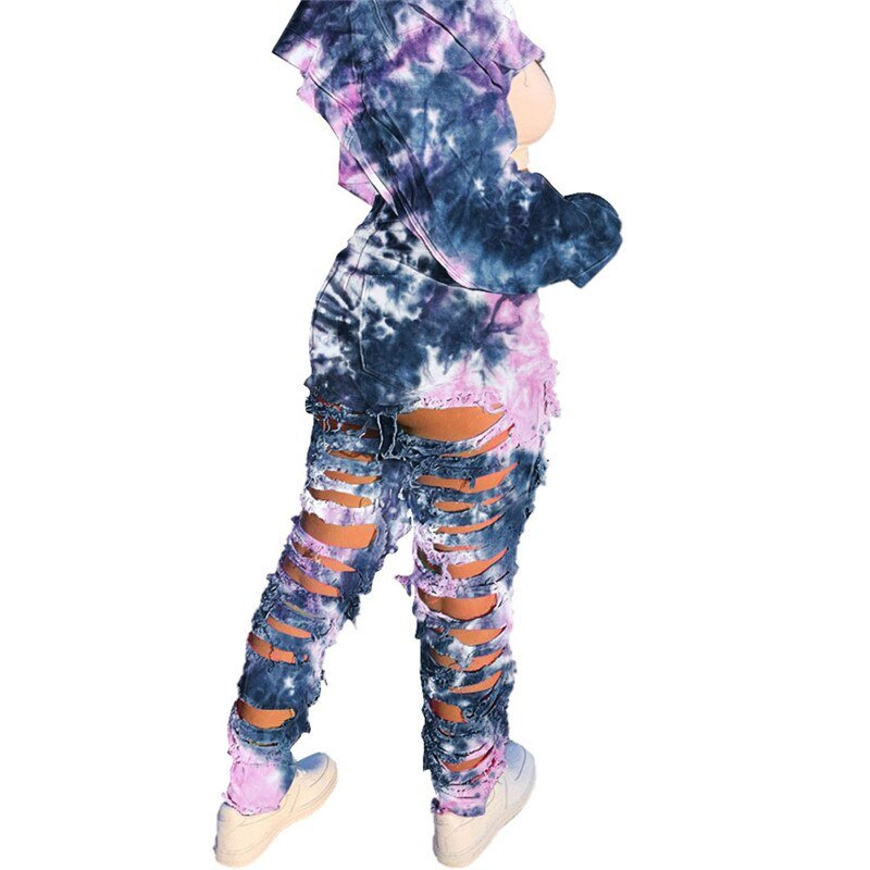 Vrouwen Tweedelige Set Denim Tie Dye Lange Mouwen Mini Jas Hoge Taille Ripped Gestapeld Jeans Gratis Shpping Groothandel Dropshpping nieuwe
