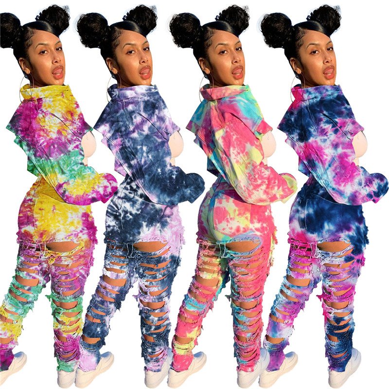 Vrouwen Tweedelige Set Denim Tie Dye Lange Mouwen Mini Jas Hoge Taille Ripped Gestapeld Jeans Gratis Shpping Groothandel Dropshpping nieuwe