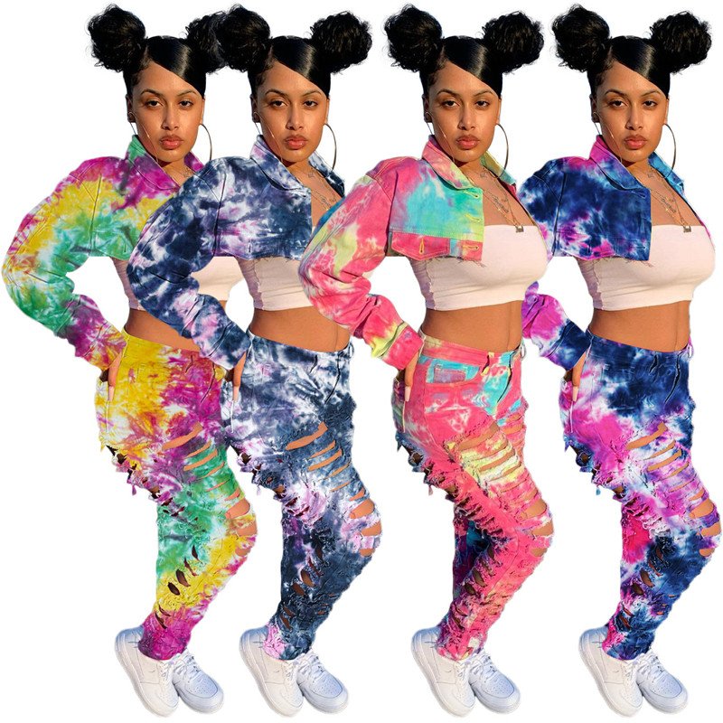 Vrouwen Tweedelige Set Denim Tie Dye Lange Mouwen Mini Jas Hoge Taille Ripped Gestapeld Jeans Gratis Shpping Groothandel Dropshpping nieuwe