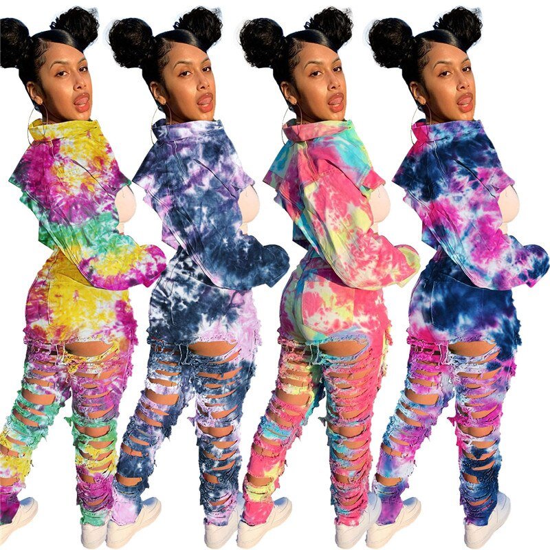 Vrouwen Tweedelige Set Denim Tie Dye Lange Mouwen Mini Jas Hoge Taille Ripped Gestapeld Jeans Gratis Shpping Groothandel Dropshpping nieuwe