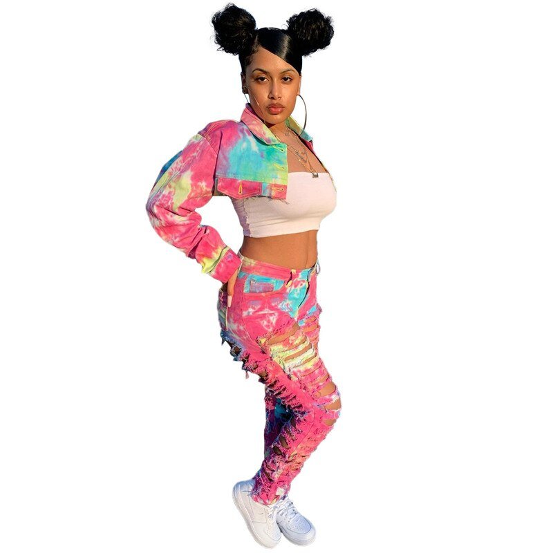 Vrouwen Tweedelige Set Denim Tie Dye Lange Mouwen Mini Jas Hoge Taille Ripped Gestapeld Jeans Gratis Shpping Groothandel Dropshpping nieuwe