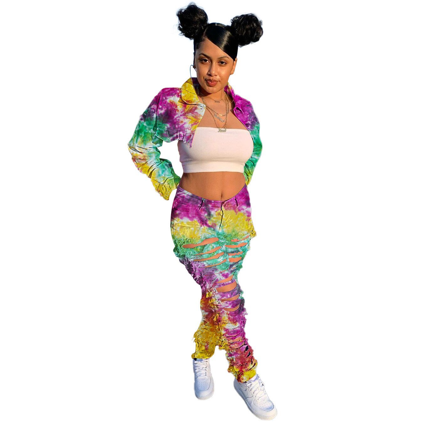 Vrouwen Tweedelige Set Denim Tie Dye Lange Mouwen Mini Jas Hoge Taille Ripped Gestapeld Jeans Gratis Shpping Groothandel Dropshpping nieuwe