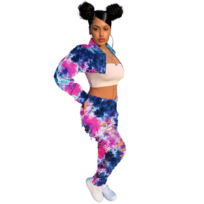 Vrouwen Tweedelige Set Denim Tie Dye Lange Mouwen Mini Jas Hoge Taille Ripped Gestapeld Jeans Gratis Shpping Groothandel Dropshpping nieuwe