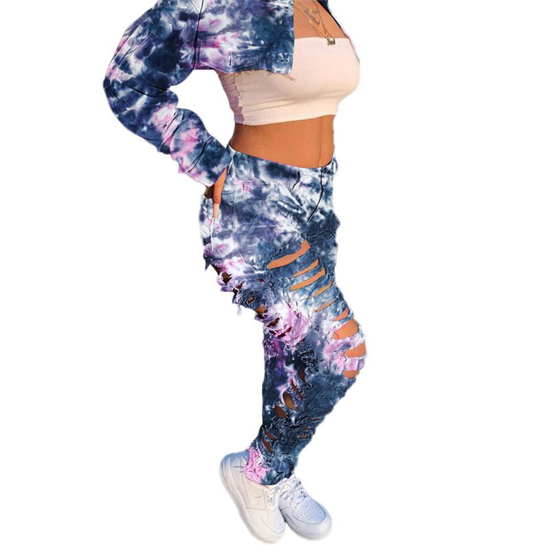 Vrouwen Tweedelige Set Denim Tie Dye Lange Mouwen Mini Jas Hoge Taille Ripped Gestapeld Jeans Gratis Shpping Groothandel Dropshpping nieuwe
