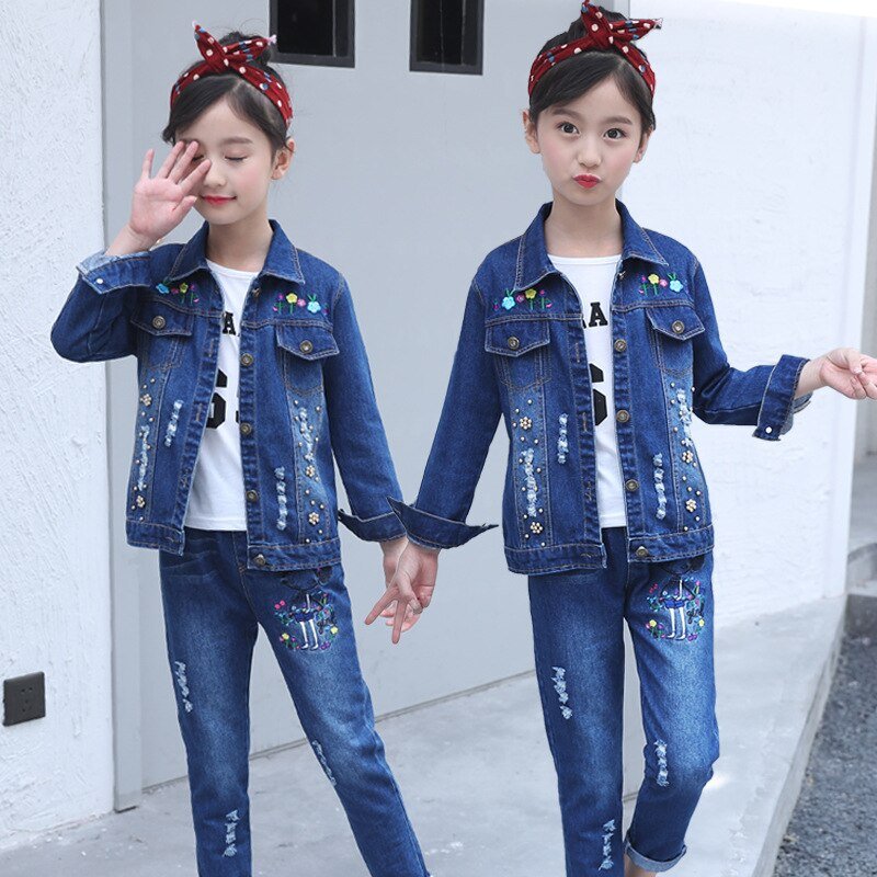 Meisjes Denim Suits Lange Mouwen Uitloper Kids Cartoon Jeans Kleding Jas Kit Jas Twee Stuk Borduurwerk Set 2020 Hot Koop nieuwe