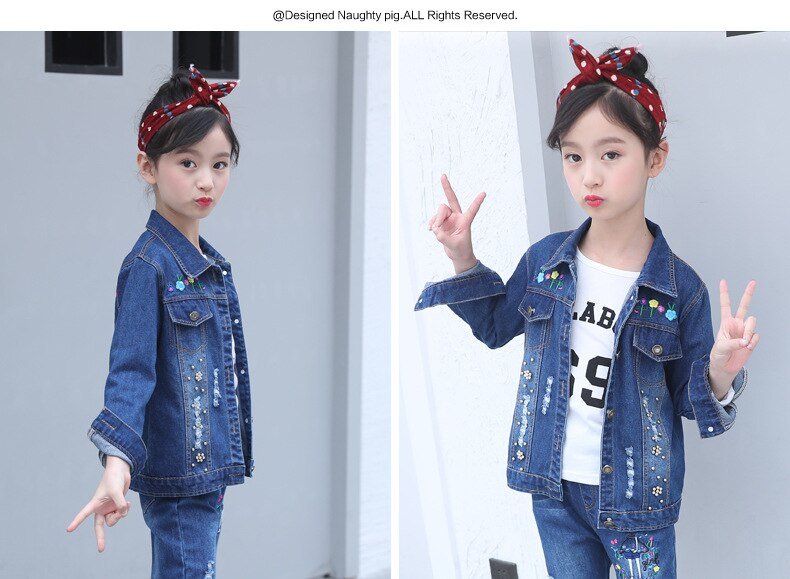 Meisjes Denim Suits Lange Mouwen Uitloper Kids Cartoon Jeans Kleding Jas Kit Jas Twee Stuk Borduurwerk Set 2020 Hot Koop nieuwe