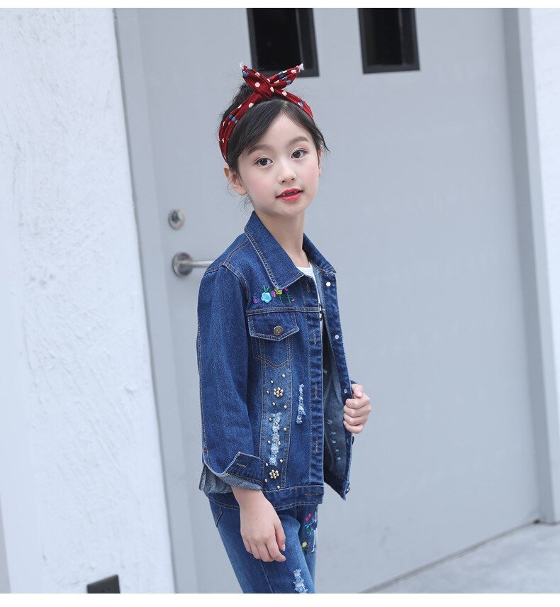 Meisjes Denim Suits Lange Mouwen Uitloper Kids Cartoon Jeans Kleding Jas Kit Jas Twee Stuk Borduurwerk Set 2020 Hot Koop nieuwe