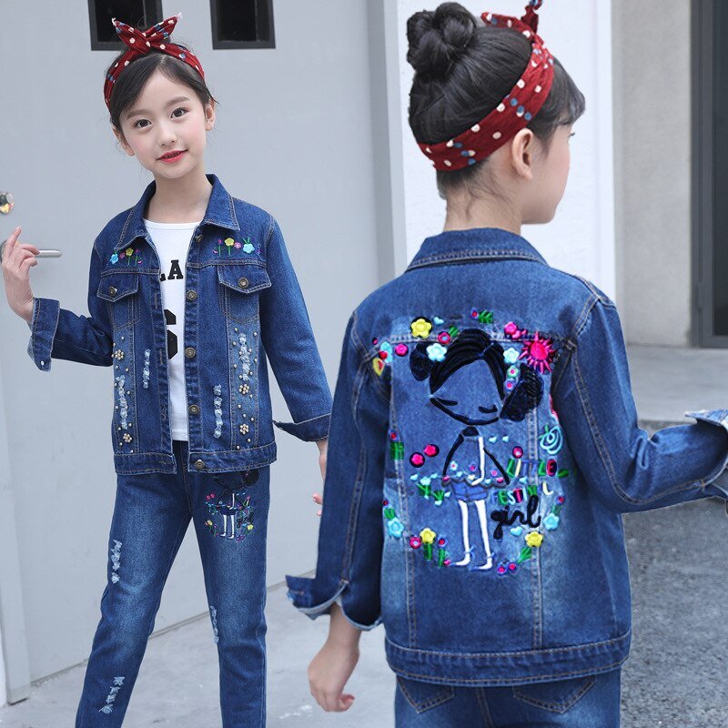 Meisjes Denim Suits Lange Mouwen Uitloper Kids Cartoon Jeans Kleding Jas Kit Jas Twee Stuk Borduurwerk Set 2020 Hot Koop nieuwe