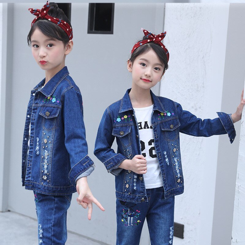 Meisjes Denim Suits Lange Mouwen Uitloper Kids Cartoon Jeans Kleding Jas Kit Jas Twee Stuk Borduurwerk Set 2020 Hot Koop nieuwe