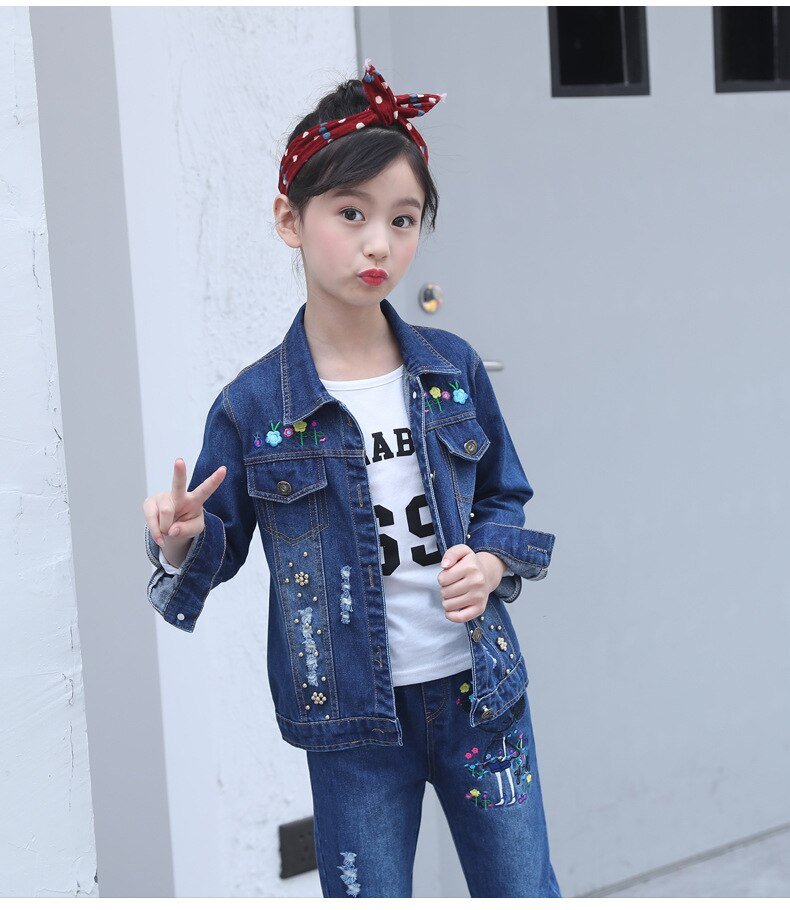 Meisjes Denim Suits Lange Mouwen Uitloper Kids Cartoon Jeans Kleding Jas Kit Jas Twee Stuk Borduurwerk Set 2020 Hot Koop nieuwe