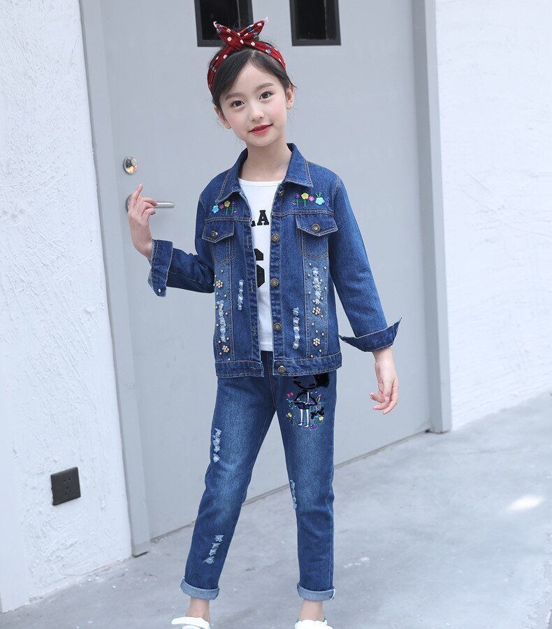 Meisjes Denim Suits Lange Mouwen Uitloper Kids Cartoon Jeans Kleding Jas Kit Jas Twee Stuk Borduurwerk Set 2020 Hot Koop nieuwe
