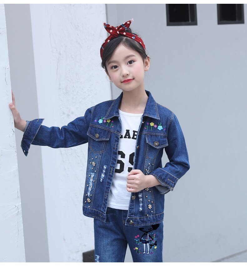 Meisjes Denim Suits Lange Mouwen Uitloper Kids Cartoon Jeans Kleding Jas Kit Jas Twee Stuk Borduurwerk Set 2020 Hot Koop nieuwe