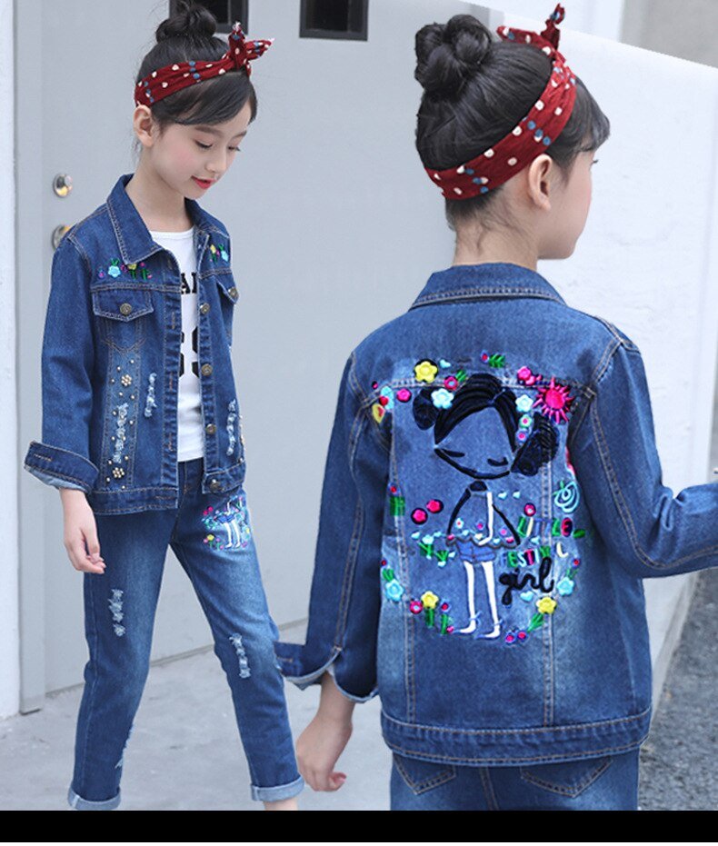 Meisjes Denim Suits Lange Mouwen Uitloper Kids Cartoon Jeans Kleding Jas Kit Jas Twee Stuk Borduurwerk Set 2020 Hot Koop nieuwe