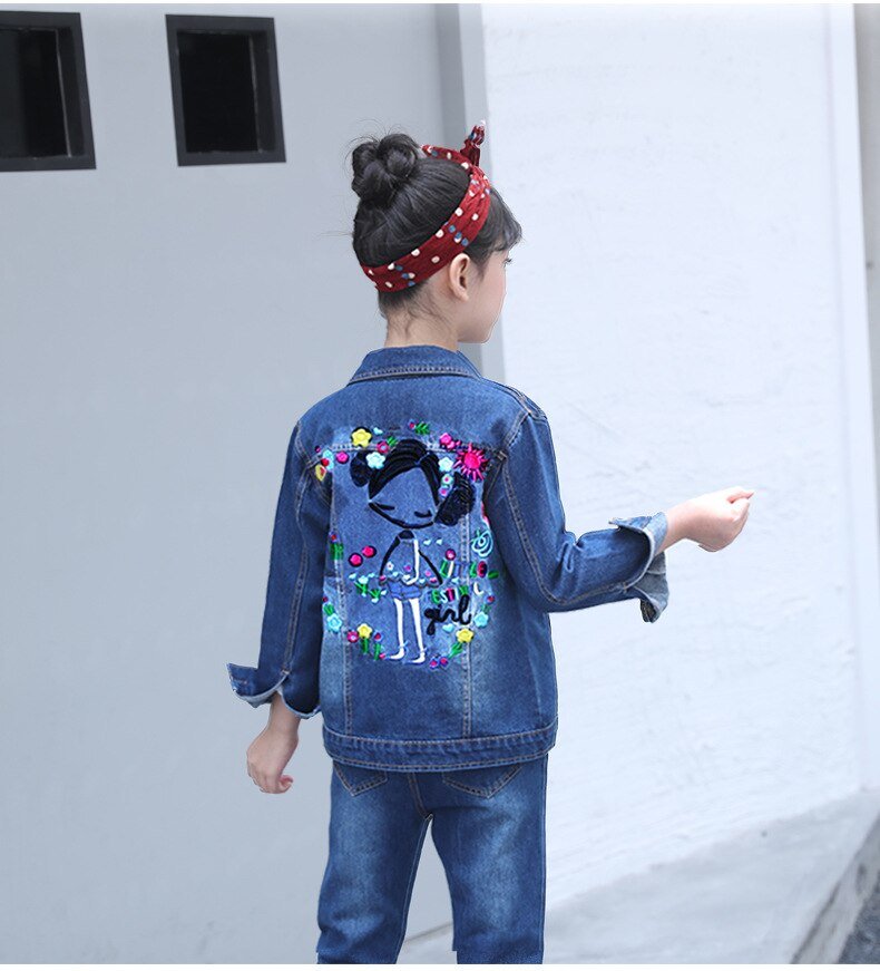 Meisjes Denim Suits Lange Mouwen Uitloper Kids Cartoon Jeans Kleding Jas Kit Jas Twee Stuk Borduurwerk Set 2020 Hot Koop nieuwe