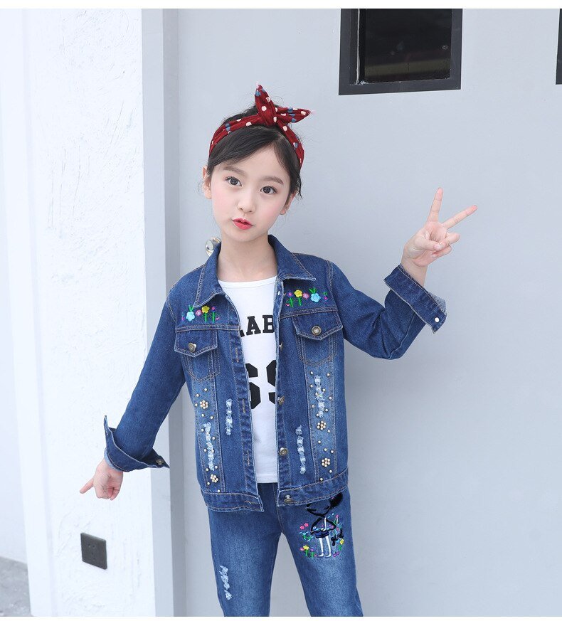 Meisjes Denim Suits Lange Mouwen Uitloper Kids Cartoon Jeans Kleding Jas Kit Jas Twee Stuk Borduurwerk Set 2020 Hot Koop nieuwe