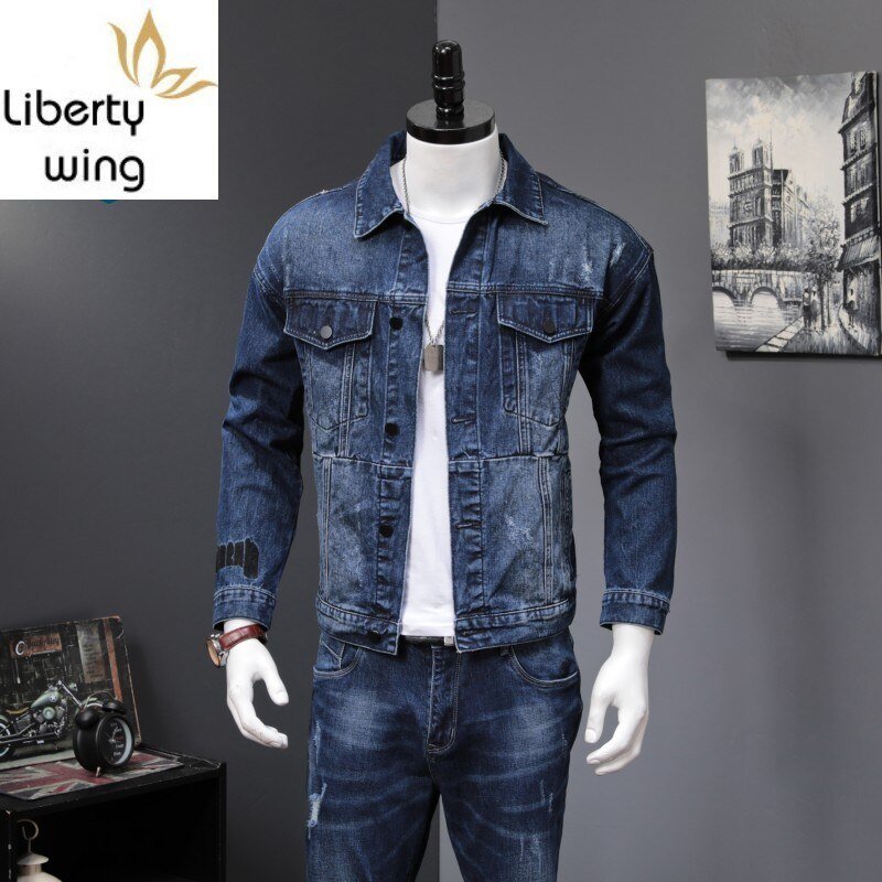 2 Mannen Nieuwe Herfst Mode Koreaanse Slim Fit Denim Jassen En Jeans Casual Tweedelige Sets Merk Kleding Suits