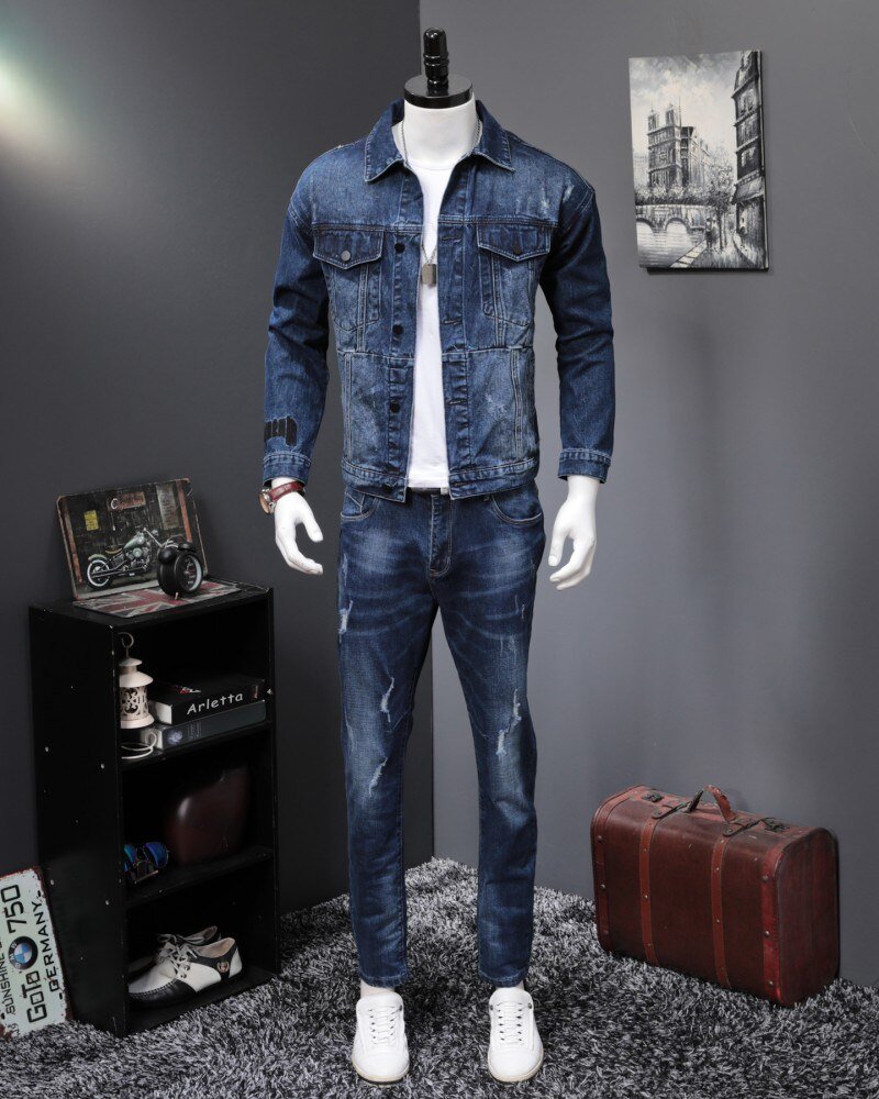 2 Mannen Nieuwe Herfst Mode Koreaanse Slim Fit Denim Jassen En Jeans Casual Tweedelige Sets Merk Kleding Suits