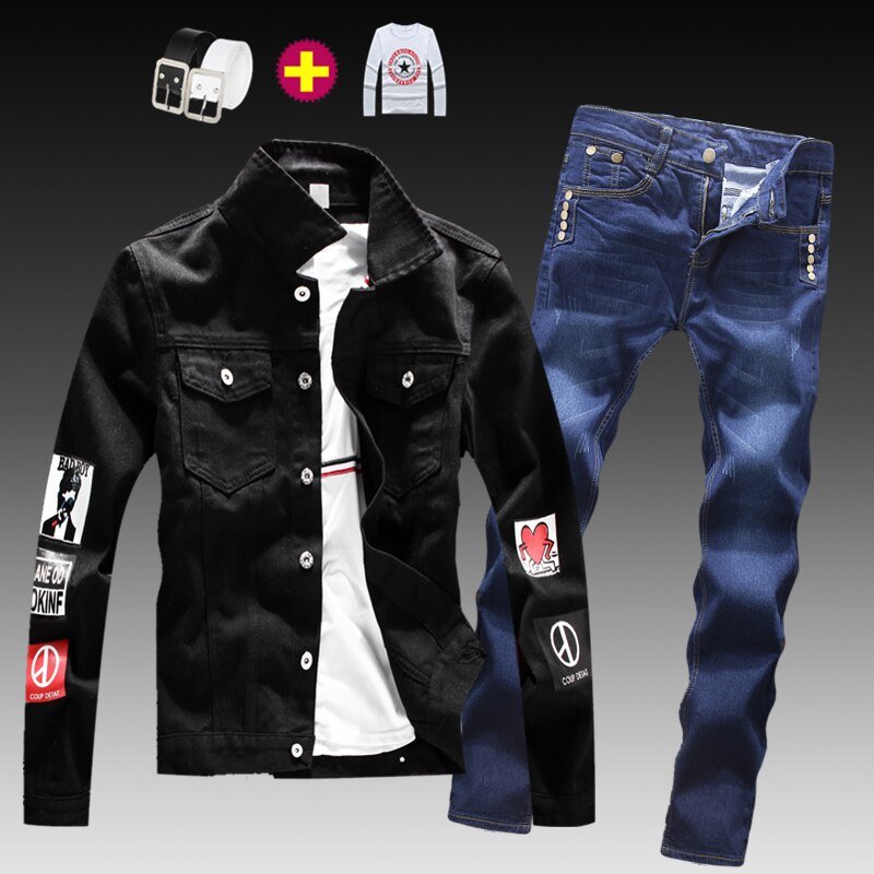 Mode Heren Gewassen Denim Jasje Jeans Broek 2 Stuks Set Applicaties Lange Mouwen Jas Casual Slim Fit Jongens Kleding S-XXXL herfst N46
