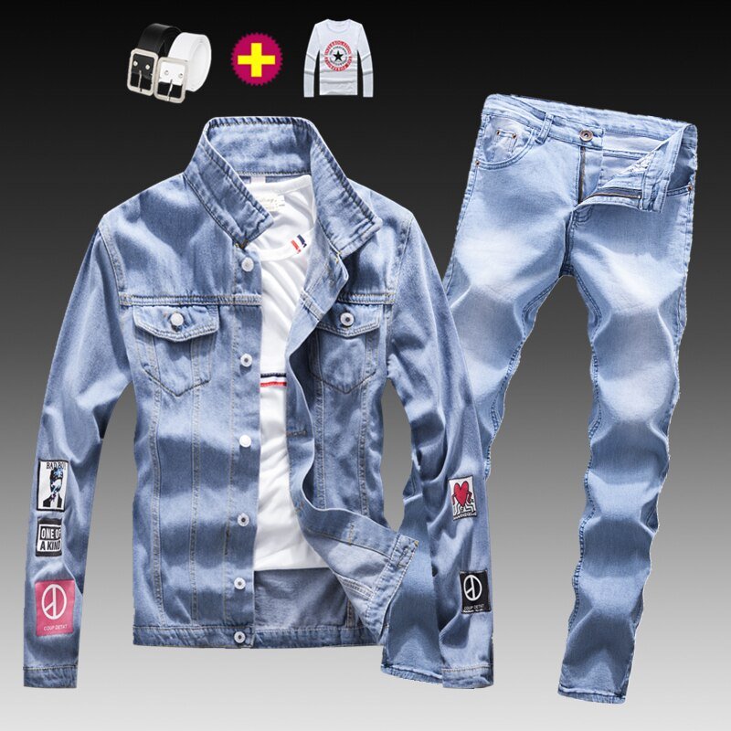 Mode Heren Gewassen Denim Jasje Jeans Broek 2 Stuks Set Applicaties Lange Mouwen Jas Casual Slim Fit Jongens Kleding S-XXXL herfst N46