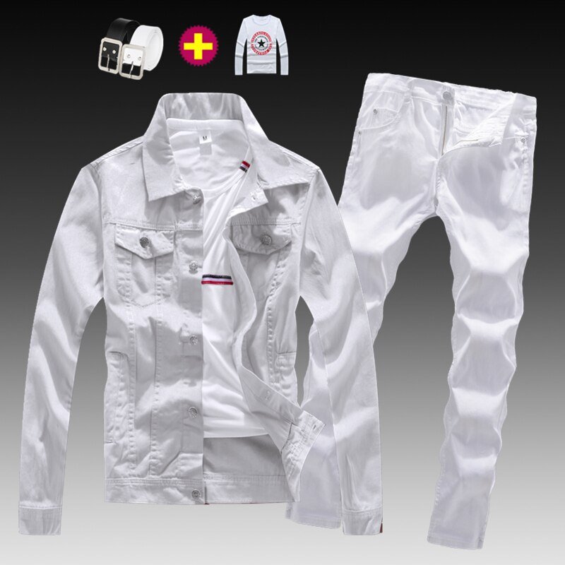 Mode Heren Gewassen Denim Jasje Jeans Broek 2 Stuks Set Applicaties Lange Mouwen Jas Casual Slim Fit Jongens Kleding S-XXXL herfst N46