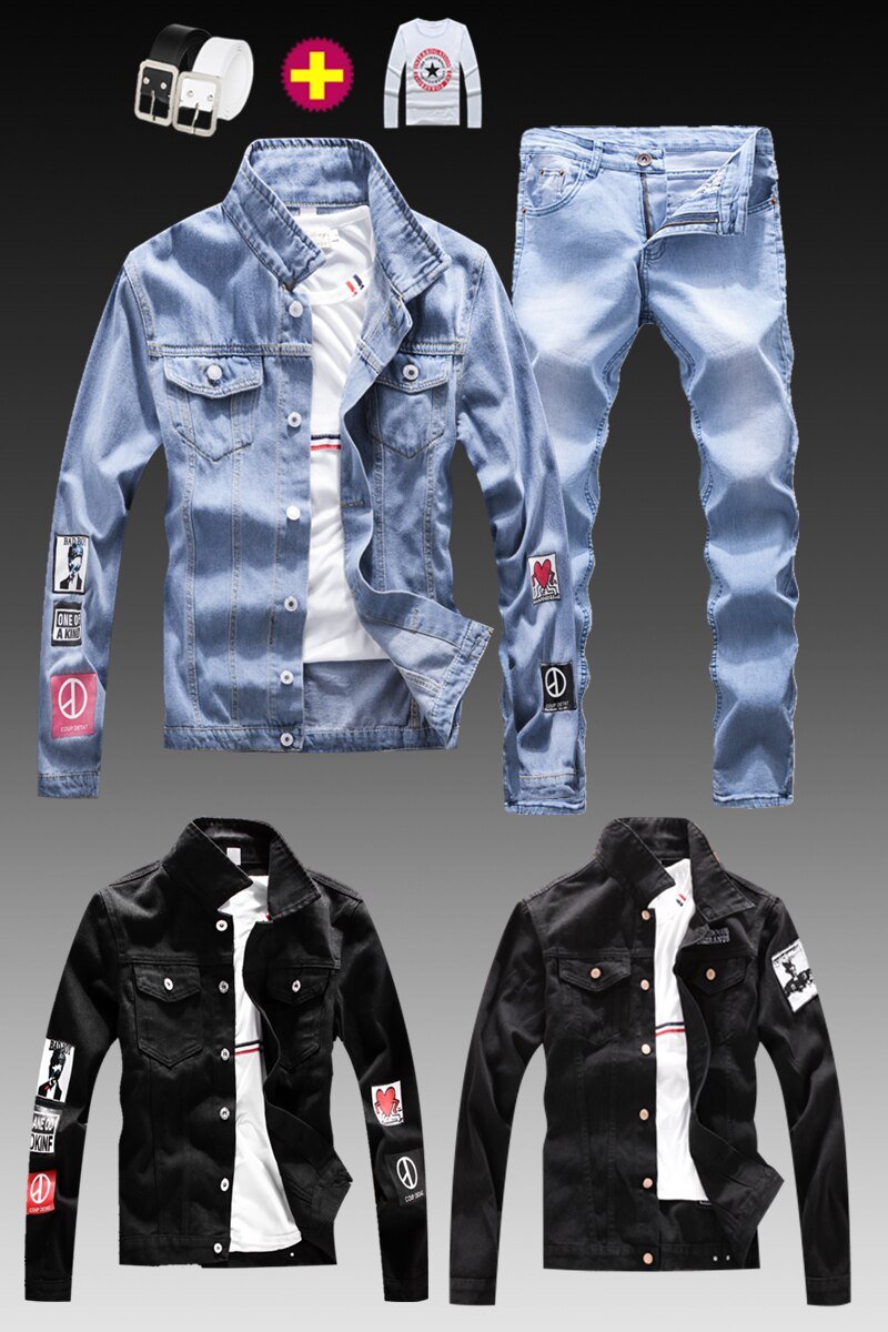 Mode Heren Gewassen Denim Jasje Jeans Broek 2 Stuks Set Applicaties Lange Mouwen Jas Casual Slim Fit Jongens Kleding S-XXXL herfst N46