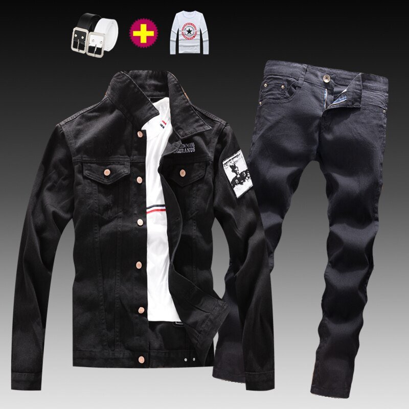Mode Heren Gewassen Denim Jasje Jeans Broek 2 Stuks Set Applicaties Lange Mouwen Jas Casual Slim Fit Jongens Kleding S-XXXL herfst N46