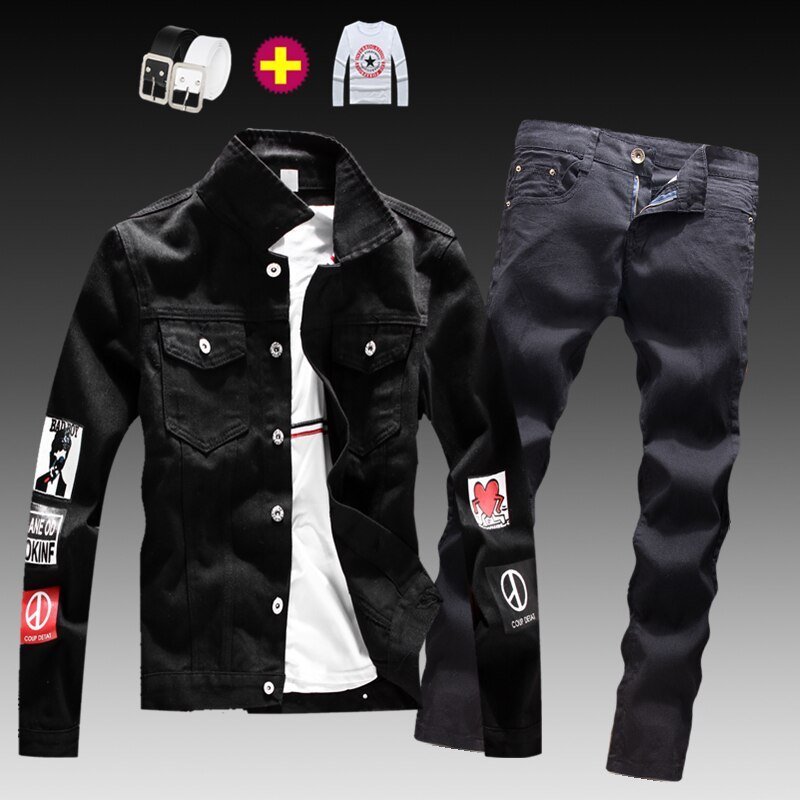 Mode Heren Gewassen Denim Jasje Jeans Broek 2 Stuks Set Applicaties Lange Mouwen Jas Casual Slim Fit Jongens Kleding S-XXXL herfst N46