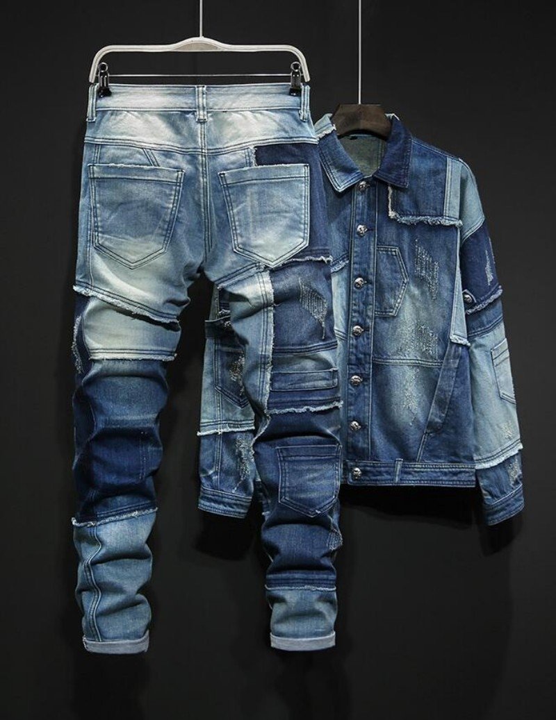 Spliced Denim Jassen En Jeans Herfst Mens Losse Denim 2 Stuks Set Lange Mouw Enkele Breasted Jassen Volledige Lengte Broek denim Set