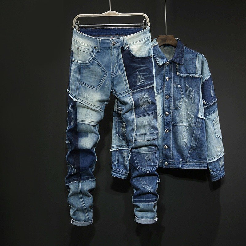 Spliced Denim Jassen En Jeans Herfst Mens Losse Denim 2 Stuks Set Lange Mouw Enkele Breasted Jassen Volledige Lengte Broek denim Set