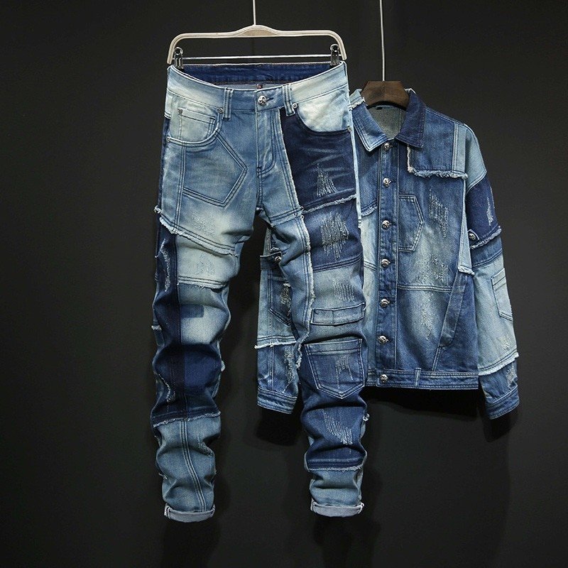 Spliced Denim Jassen En Jeans Herfst Mens Losse Denim 2 Stuks Set Lange Mouw Enkele Breasted Jassen Volledige Lengte Broek denim Set