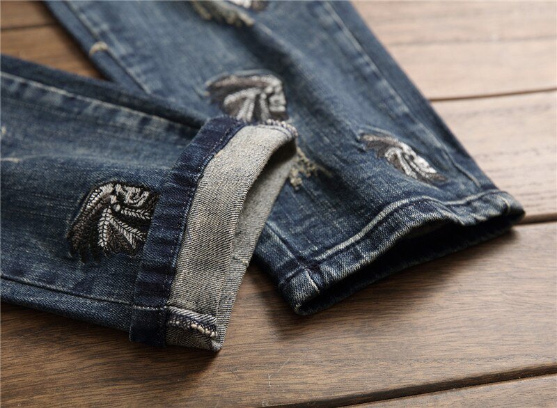 2020 Europese Stijl Mannen Sets Geborduurde Indiase Stretch Denim Blauw 2 Stuks Maching Set Jas En Gat Jeans Heren Clohing
