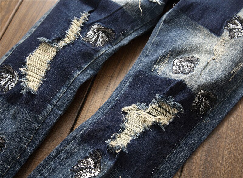 2020 Europese Stijl Mannen Sets Geborduurde Indiase Stretch Denim Blauw 2 Stuks Maching Set Jas En Gat Jeans Heren Clohing