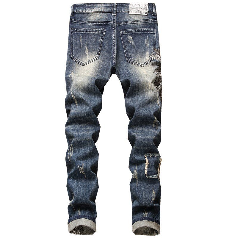 2020 Europese Stijl Mannen Sets Geborduurde Indiase Stretch Denim Blauw 2 Stuks Maching Set Jas En Gat Jeans Heren Clohing