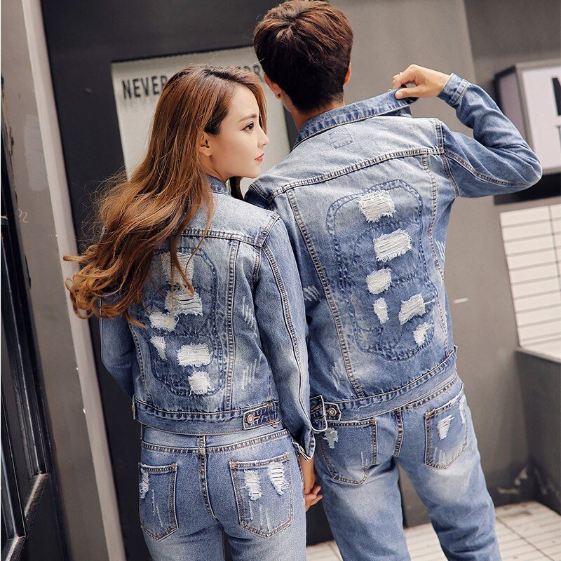 Herfst Koreaanse Mens Denim Jacket Tweedelige Set Slim Fit Gat Gescheurde Jeans Casual Unisex Cowboy Outfit Kleding Bijpassende Sets