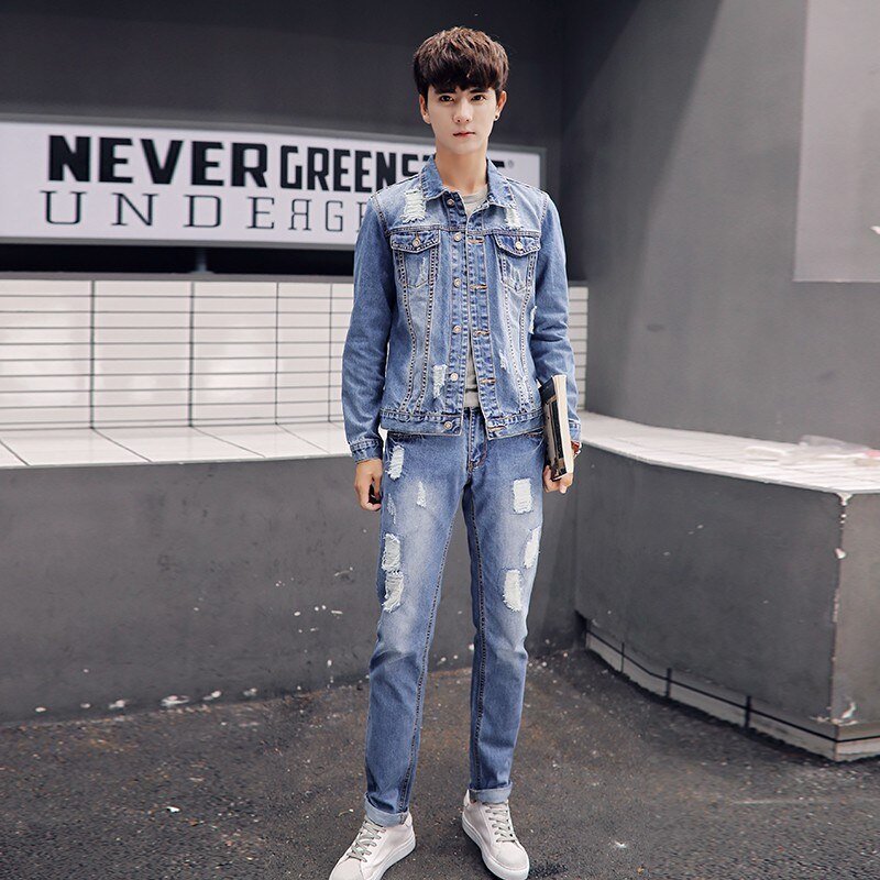 Herfst Koreaanse Mens Denim Jacket Tweedelige Set Slim Fit Gat Gescheurde Jeans Casual Unisex Cowboy Outfit Kleding Bijpassende Sets