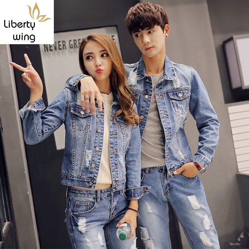 Herfst Koreaanse Mens Denim Jacket Tweedelige Set Slim Fit Gat Gescheurde Jeans Casual Unisex Cowboy Outfit Kleding Bijpassende Sets