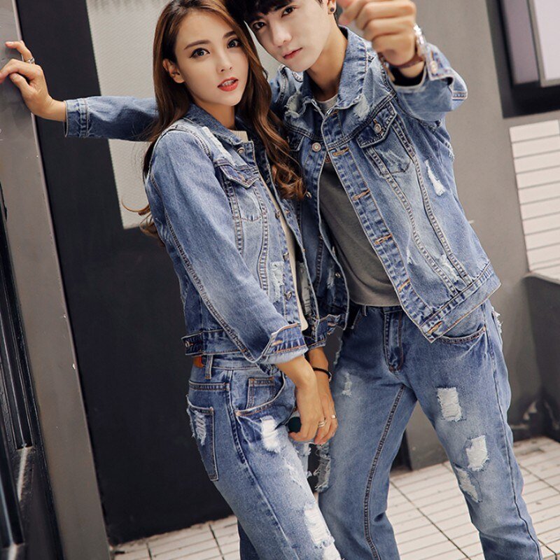 Herfst Koreaanse Mens Denim Jacket Tweedelige Set Slim Fit Gat Gescheurde Jeans Casual Unisex Cowboy Outfit Kleding Bijpassende Sets
