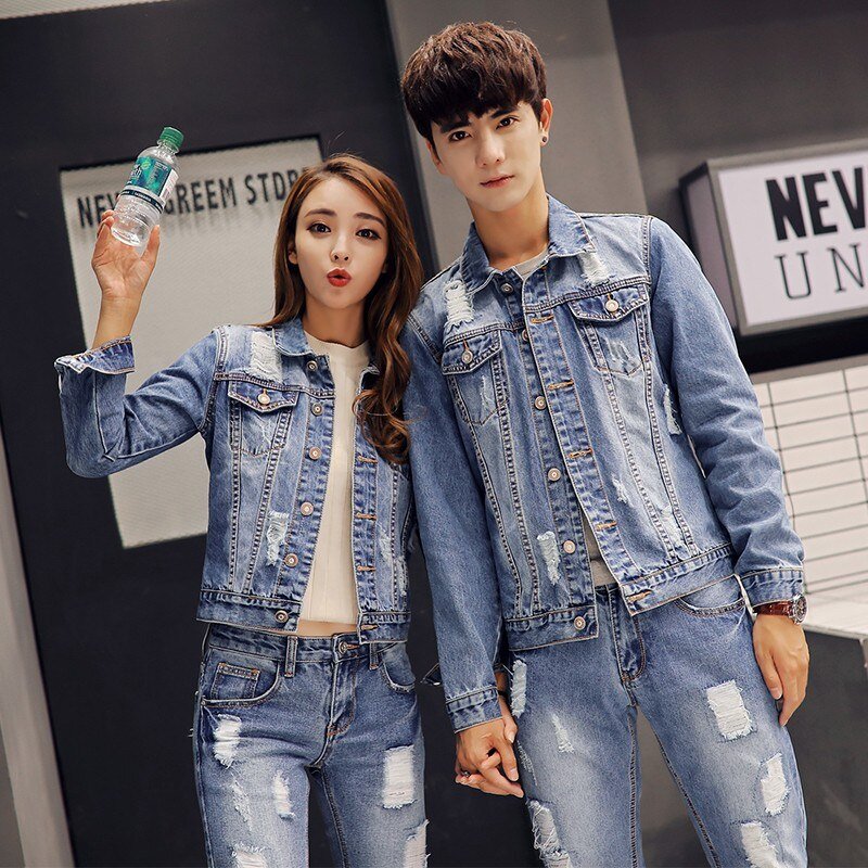 Herfst Koreaanse Mens Denim Jacket Tweedelige Set Slim Fit Gat Gescheurde Jeans Casual Unisex Cowboy Outfit Kleding Bijpassende Sets