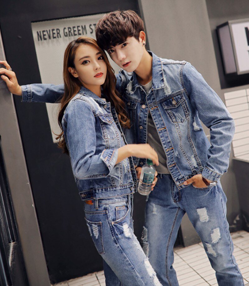 Herfst Koreaanse Mens Denim Jacket Tweedelige Set Slim Fit Gat Gescheurde Jeans Casual Unisex Cowboy Outfit Kleding Bijpassende Sets
