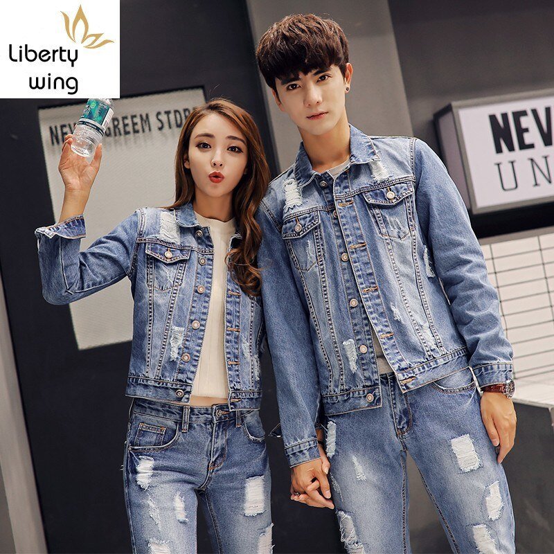 Herfst Koreaanse Mens Denim Jacket Tweedelige Set Slim Fit Gat Gescheurde Jeans Casual Unisex Cowboy Outfit Kleding Bijpassende Sets