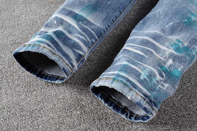 High Street Fashion Brand New Blue Heren Sets Handgeschilderde Graffiti Afdrukken Gat Slanke Denim Jas + Stretch Jeans mannelijke 2 Stuks Set