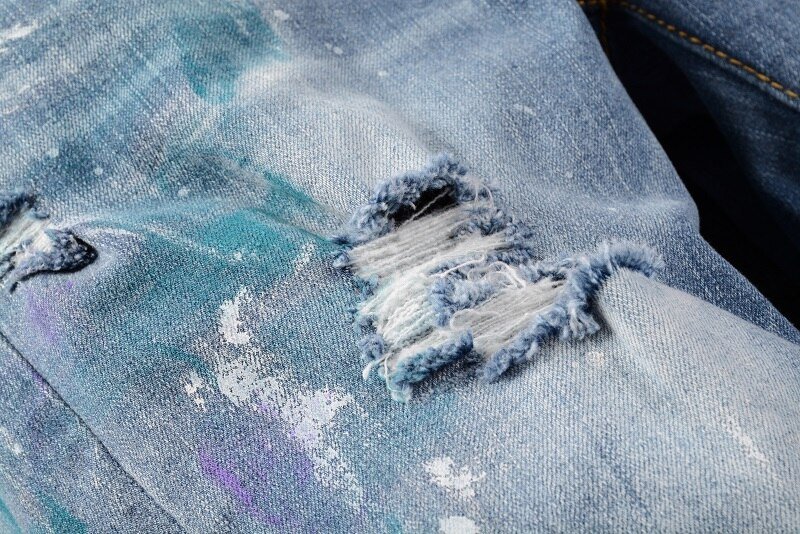 High Street Fashion Brand New Blue Heren Sets Handgeschilderde Graffiti Afdrukken Gat Slanke Denim Jas + Stretch Jeans mannelijke 2 Stuks Set