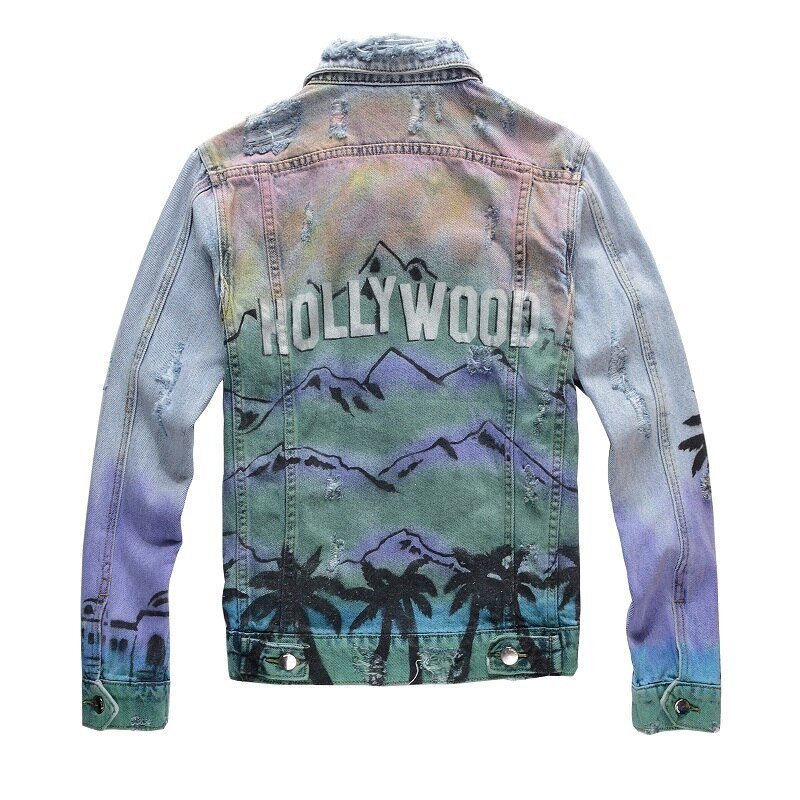 High Street Fashion Brand New Blue Heren Sets Handgeschilderde Graffiti Afdrukken Gat Slanke Denim Jas + Stretch Jeans mannelijke 2 Stuks Set